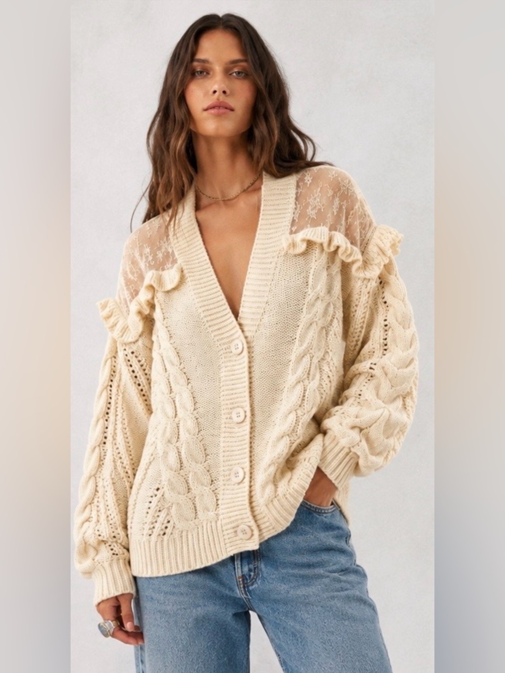 SHEIN Cable-Knit Braided V-Neck button-down Cardigan Sweater Lace Ivory White